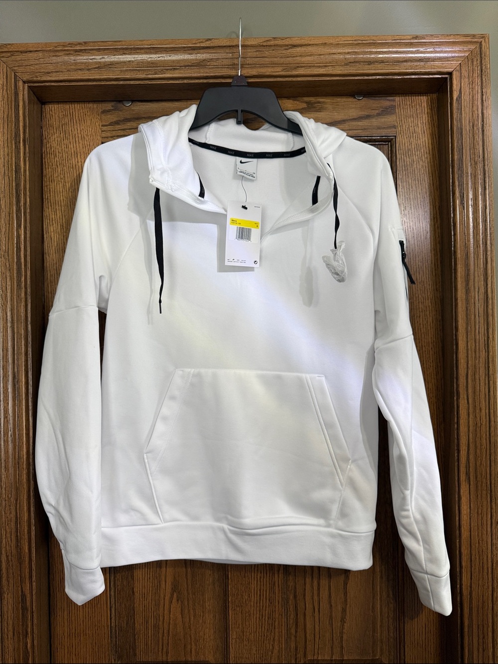 Men’s Nike White Half-Zip Hoodie with Black Drawstrings